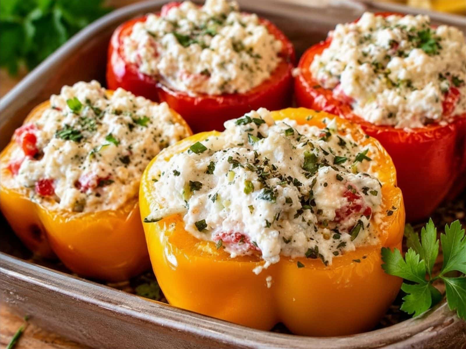 Vegetarisch gefüllte Paprika mit Feta und Reis in Tomatensoße