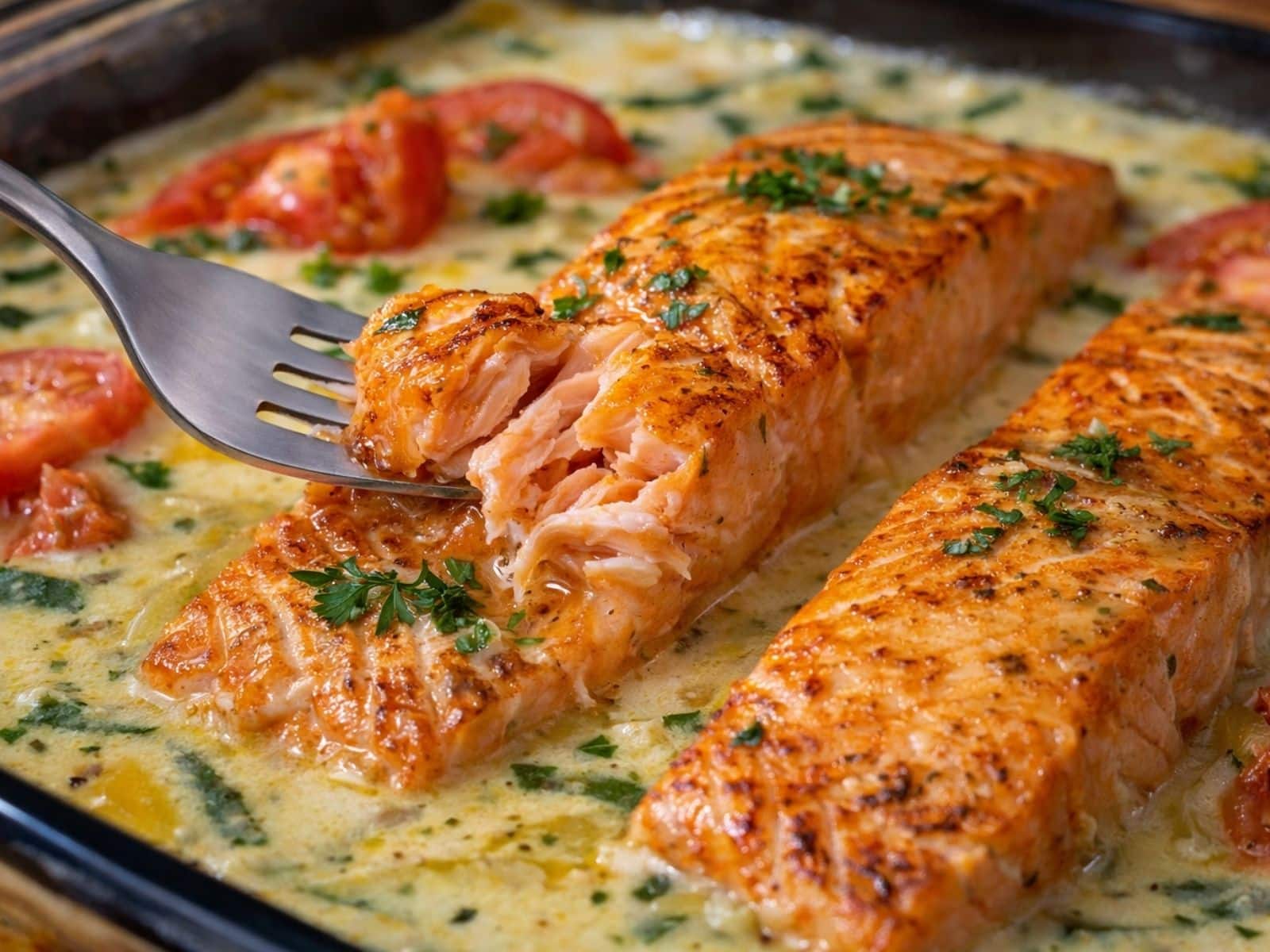 Lachs on Kokos-Curry-Soße mit Bohnen