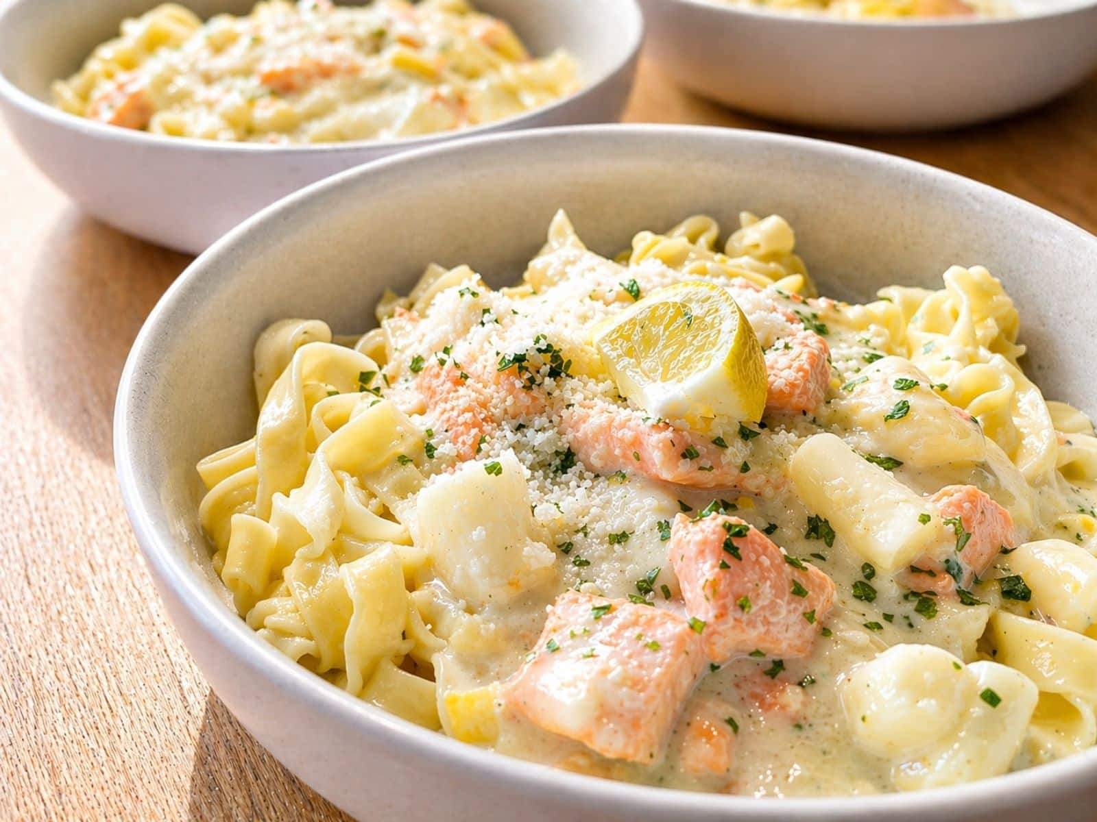 Spargelpasta mit Lachs in cremiger Zitronensoße