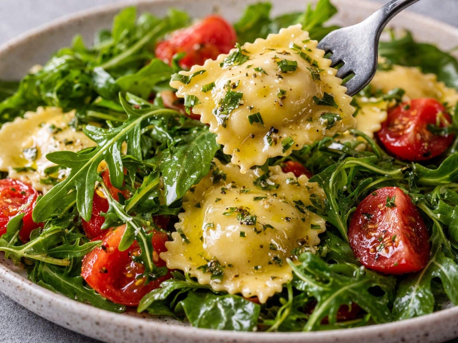 Raviolisalat mit Rucola und Tomaten