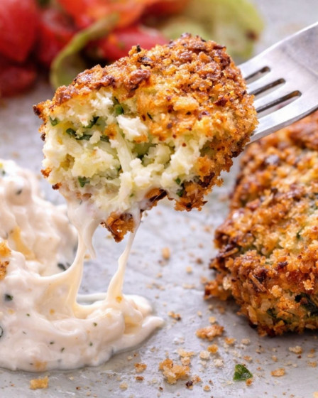 Feta-Zucchini-Taler mit Dip und Salat auf einem Teller