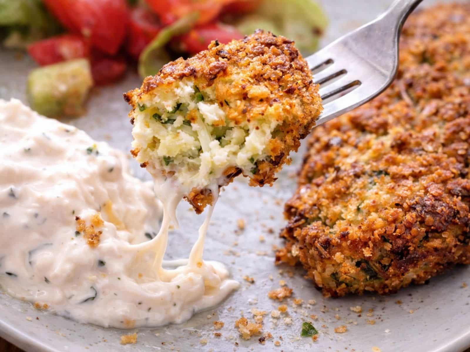 Feta-Zucchini-Taler mit Dip und Salat auf einem Teller