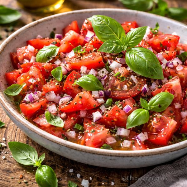 Einfacher klassischer Tomatensalat mit roten Zwiebeln, Olivenöl und frischem Basilikum