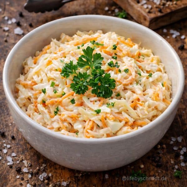 remiger Coleslaw mit Weißkohl und Karotten in rustikaler Holzoptik als Grillbeilage