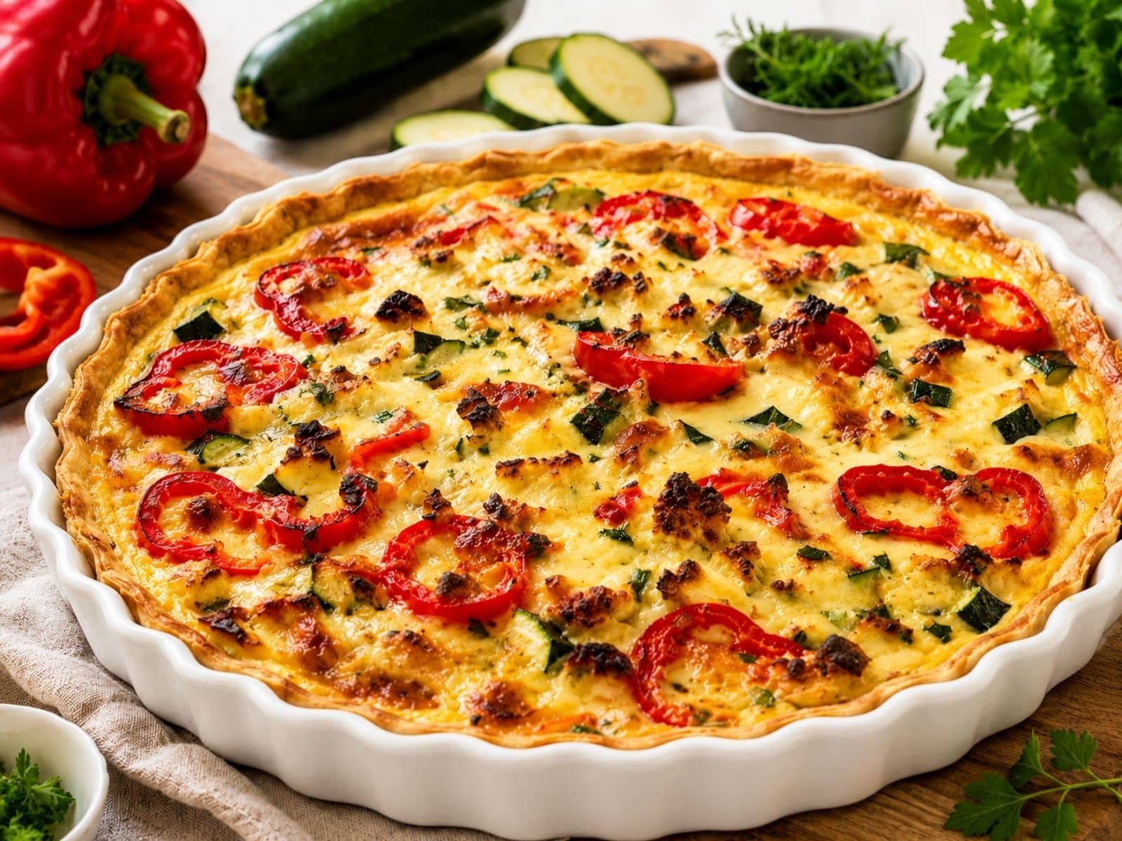Quiche mit Paprika und Zucchini in einer Quicheform