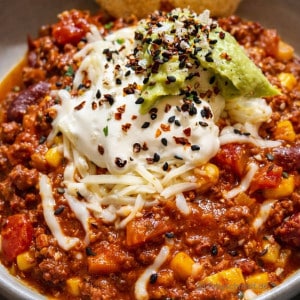 Klassisches Chili con Carne mit Sour Cream, Avocado und geriebenem Käse