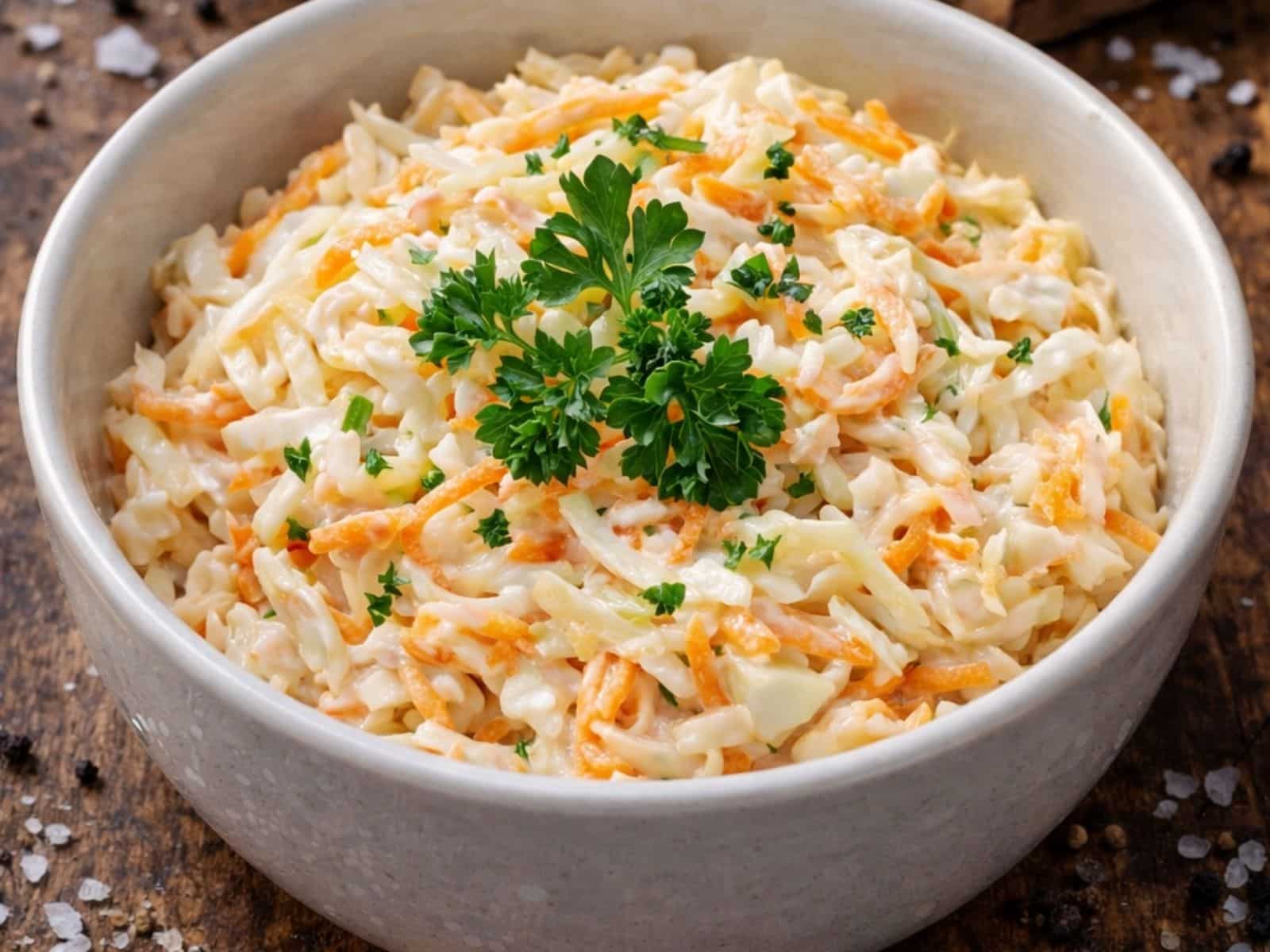 remiger Coleslaw mit Weißkohl und Karotten in rustikaler Holzoptik als Grillbeilage