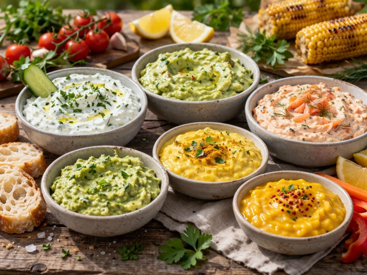 Auswahl an Dips zum Grillen auf rustikalem Tisch im Freien