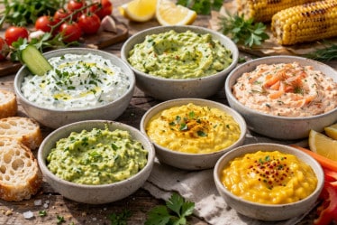 Auswahl an Dips zum Grillen auf rustikalem Tisch im Freien