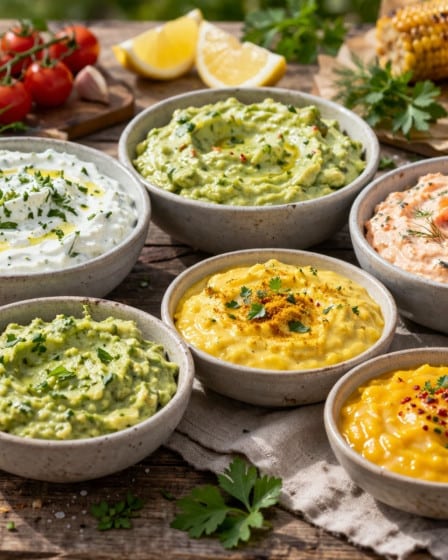 Auswahl an Dips zum Grillen auf rustikalem Tisch im Freien