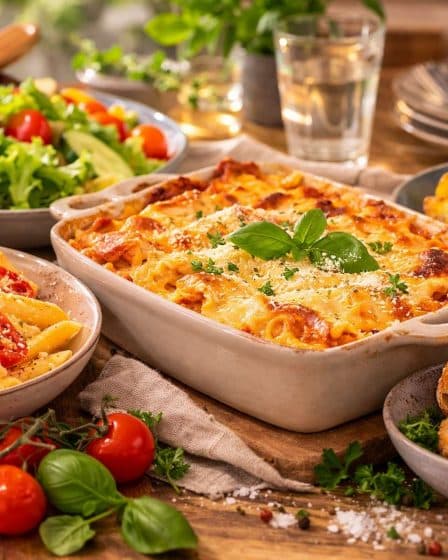 Schnelle Familienküche, Auflauf, Nudeln, Salat auf einem Tisch