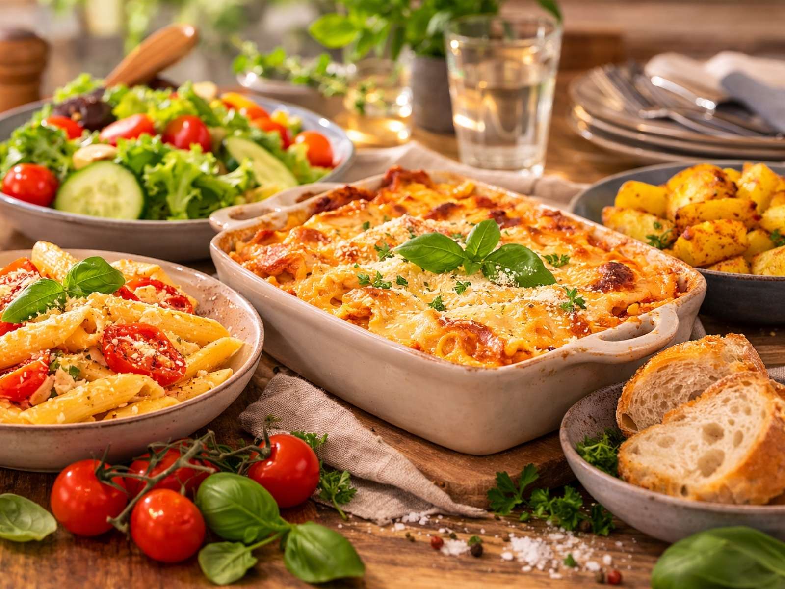 Schnelle Familienküche, Auflauf, Nudeln, Salat auf einem Tisch