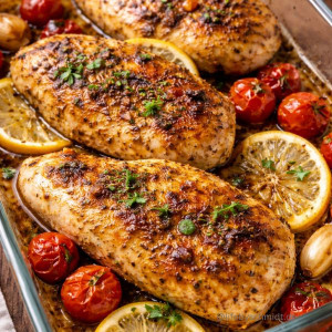 Saftige Hähnchenbrust aus dem Ofen mit Zitrone und Kräutern in einer Glasform