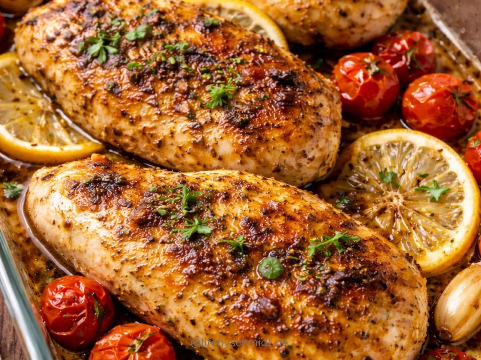 Saftige Hähnchenbrust aus dem Ofen mit Zitrone und Kräutern in einer Glasform