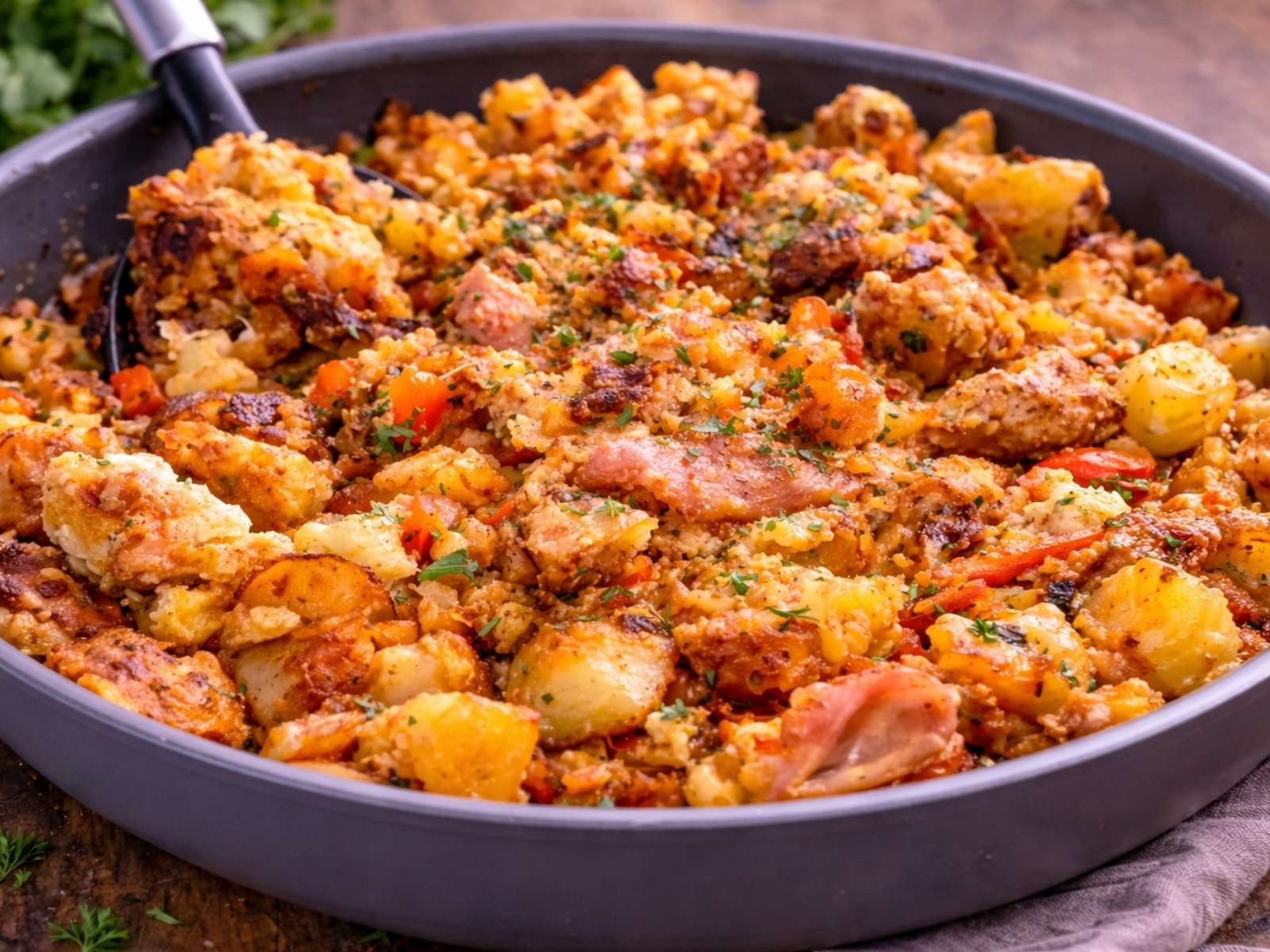 Kartoffelpfanne mit Gemüse und Ei