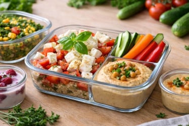 Meal-Prep, vorbereitete Speisen in Glasschalen