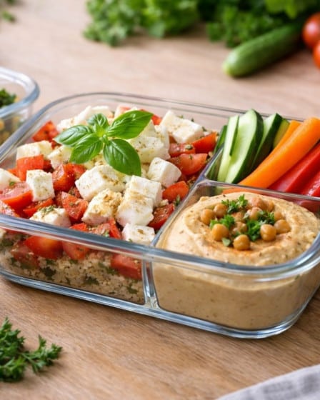 Meal-Prep, vorbereitete Speisen in Glasschalen