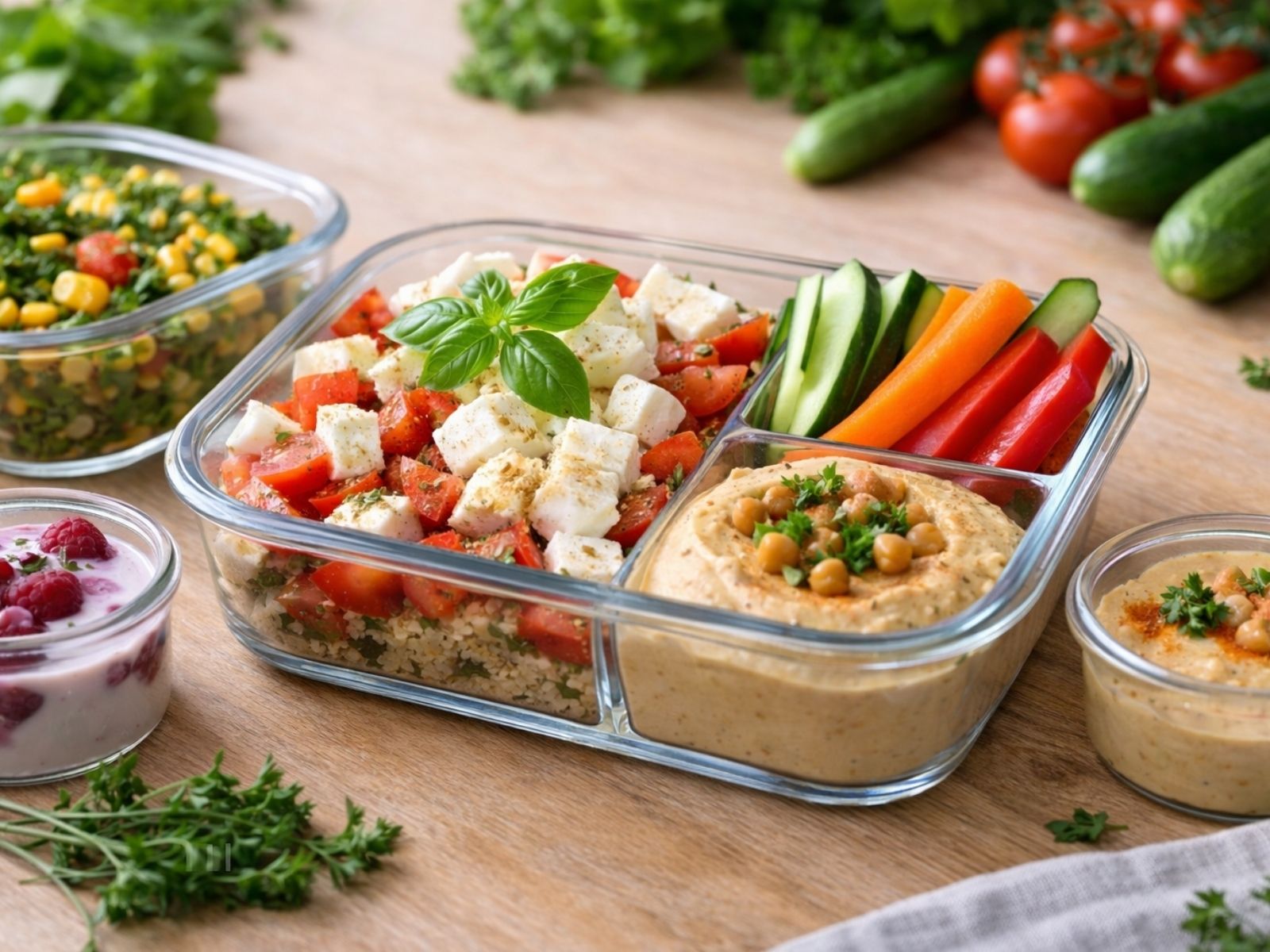 Meal-Prep, vorbereitete Speisen in Glasschalen