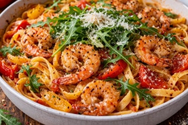 One-Pot-Nudelpfanne mit Garnelen und Rucola