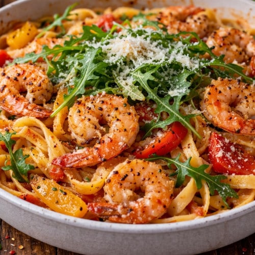 One-Pot-Nudelpfanne mit Garnelen und Rucola