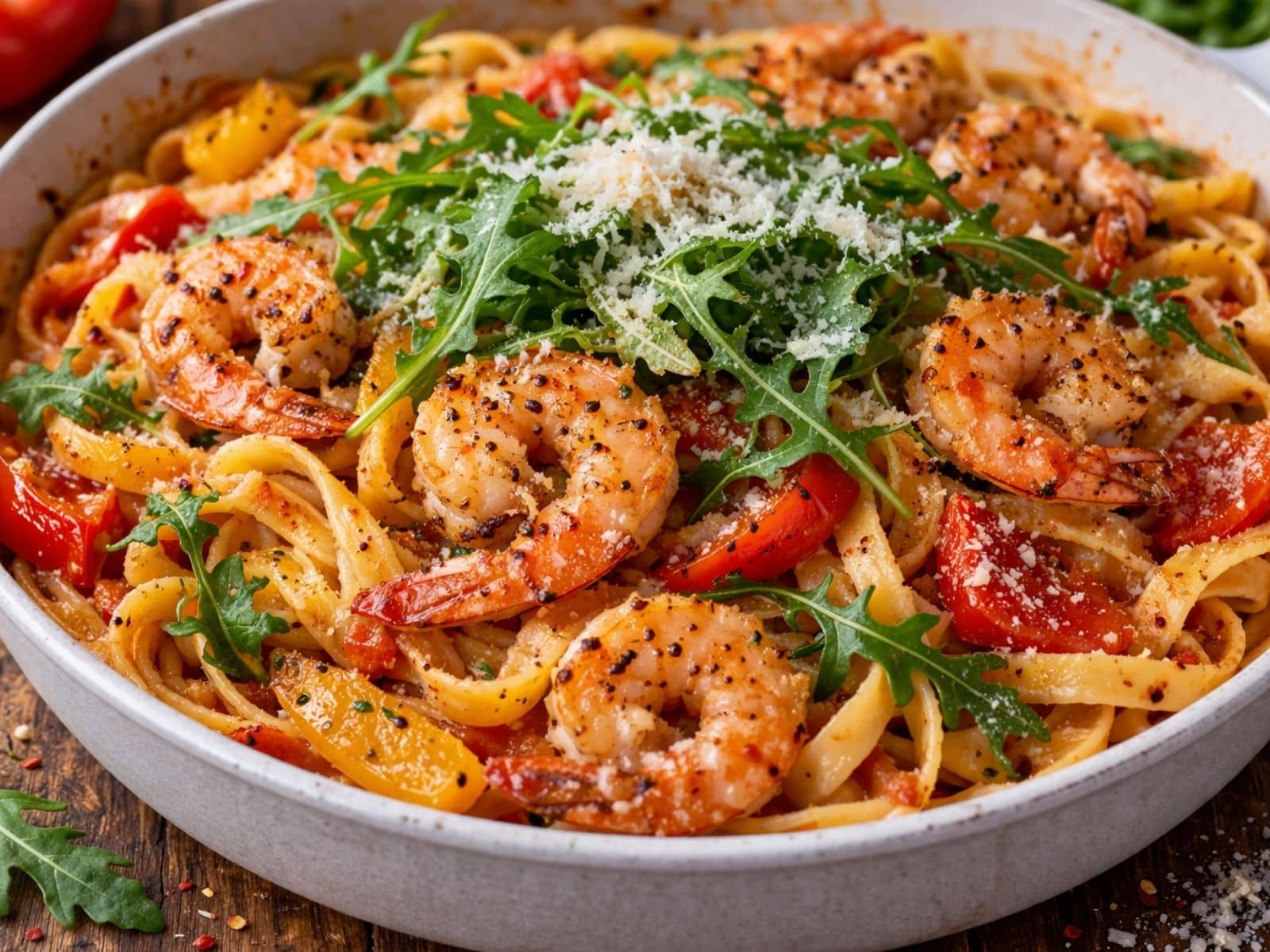 One-Pot-Nudelpfanne mit Garnelen und Rucola