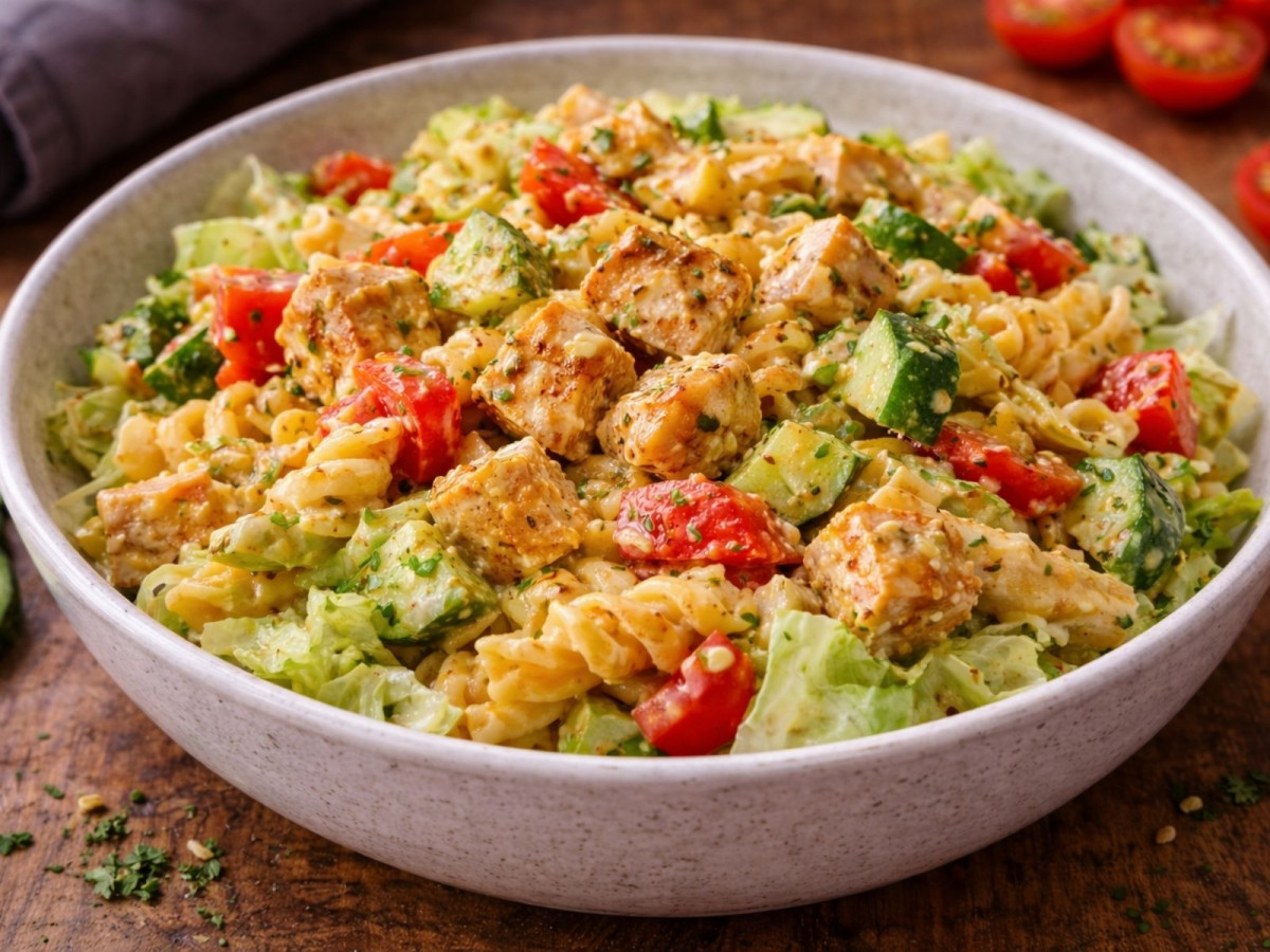 Pastasalat mit Hähnchen, Paprika, Eisbergsalat, Käse, Avocado und cremigem Dressing