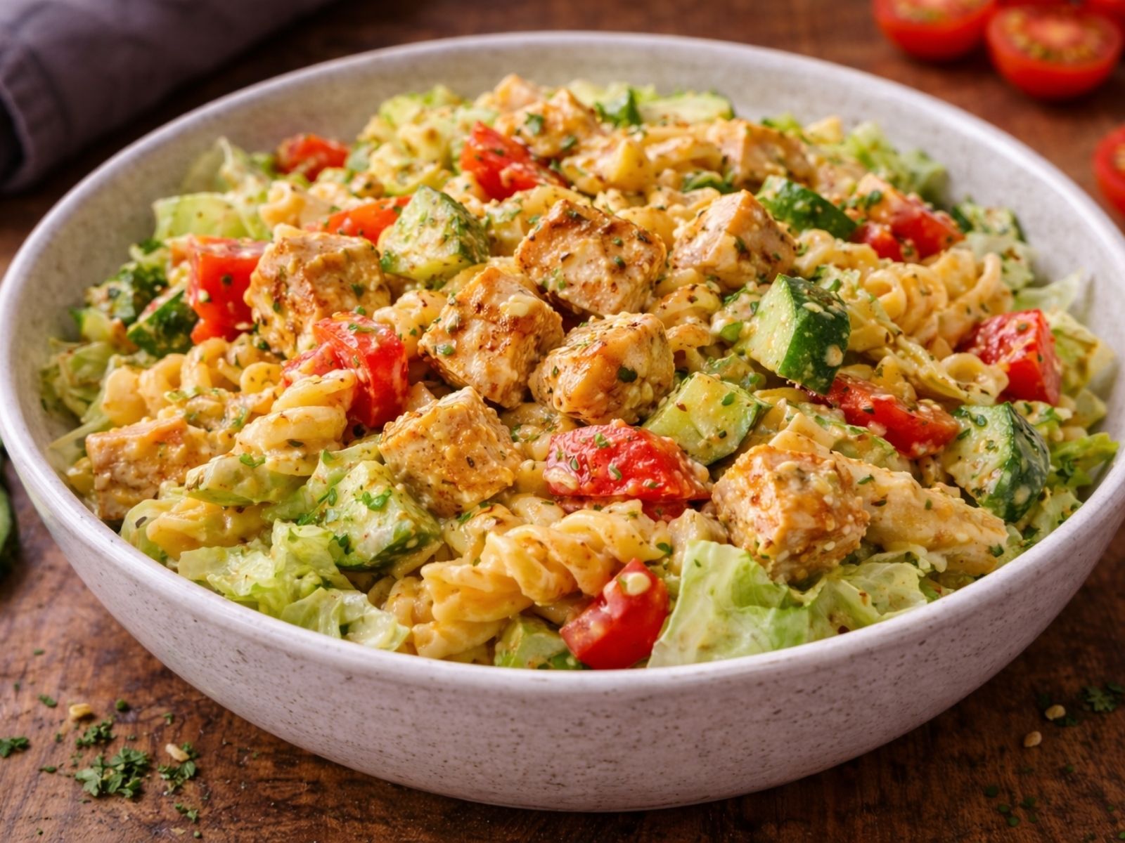 Pastasalat mit Hähnchen, Paprika, Eisbergsalat, Käse, Avocado und cremigem Dressing