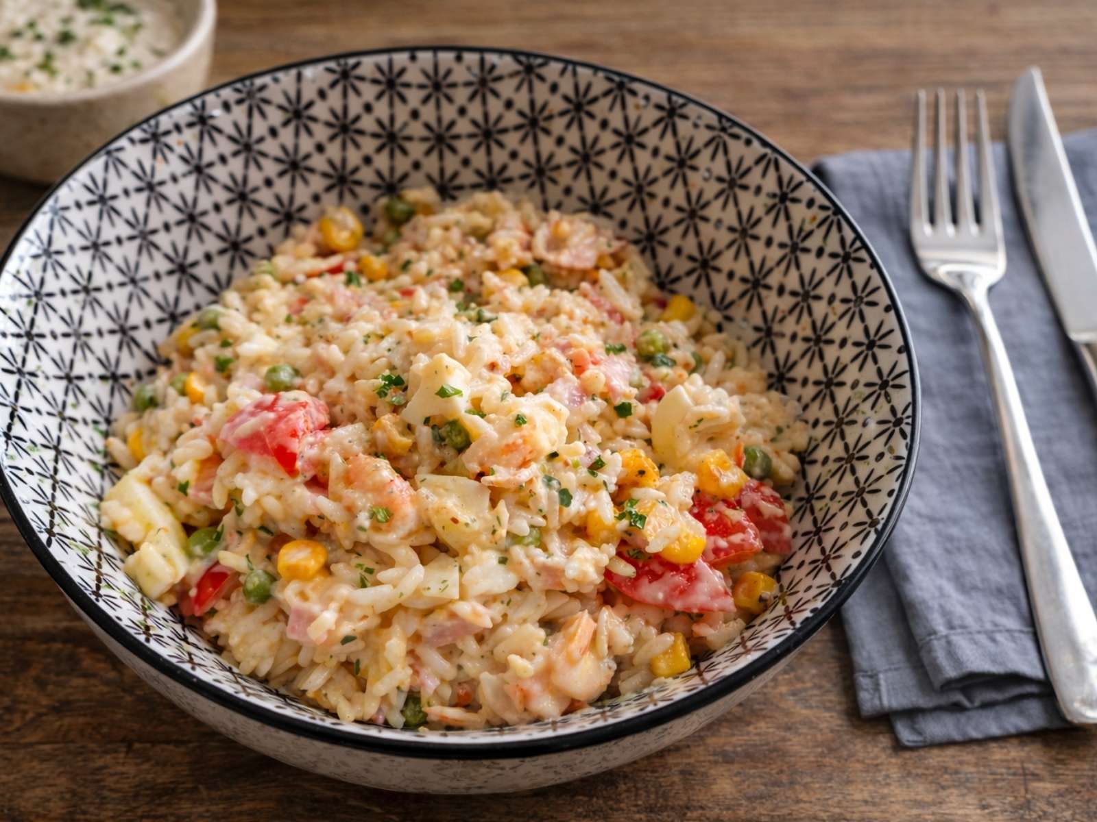 Feierabendküche, Reissalat in einer Schüssel