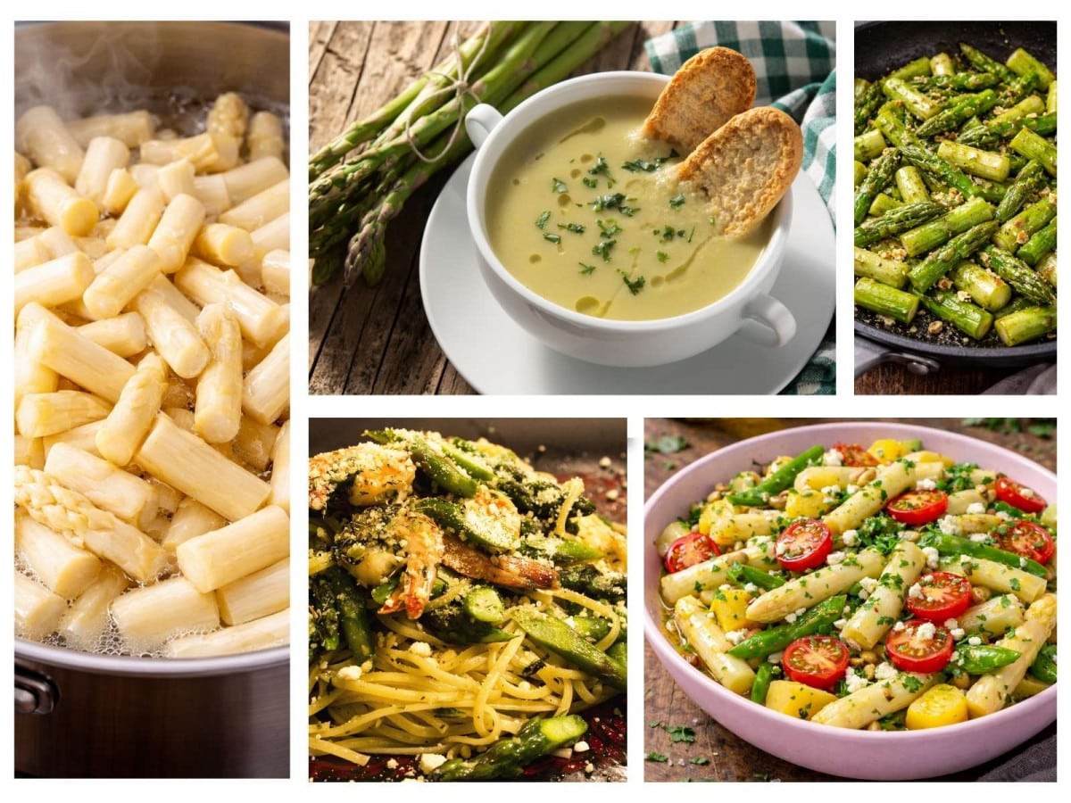 Collage aus verschiedenen saisonalen Spargelgerichten