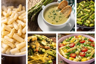 Collage aus verschiedenen saisonalen Spargelgerichten