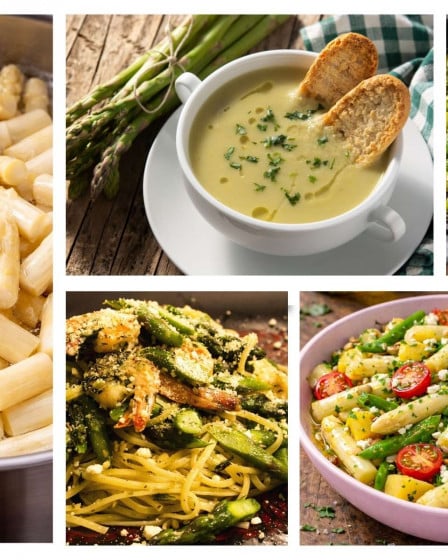 Collage aus verschiedenen saisonalen Spargelgerichten