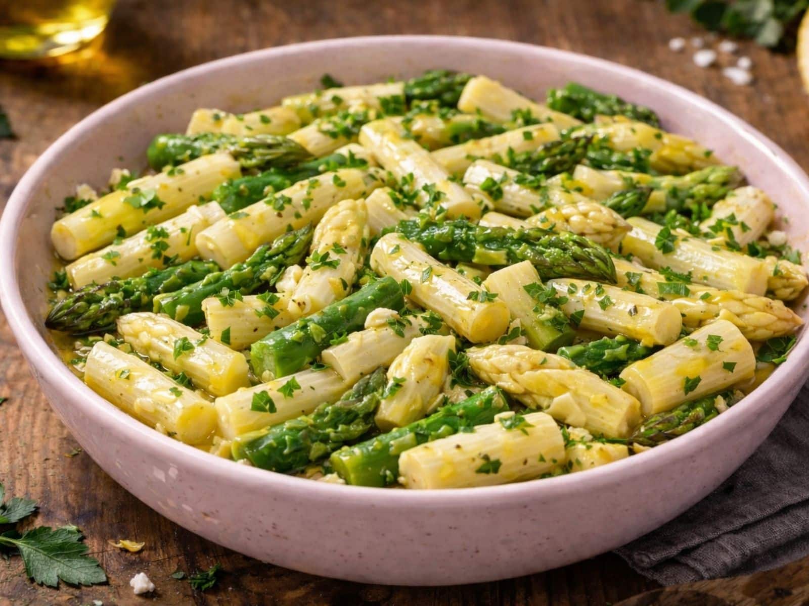Spargelsalat aus grünem und weissen Spargel im Schälchen