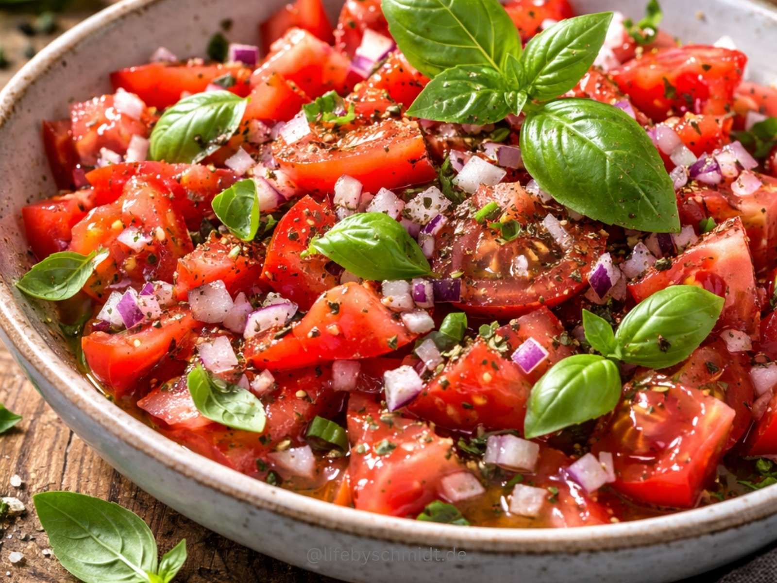 Einfacher klassischer Tomatensalat mit roten Zwiebeln, Olivenöl und frischem Basilikum