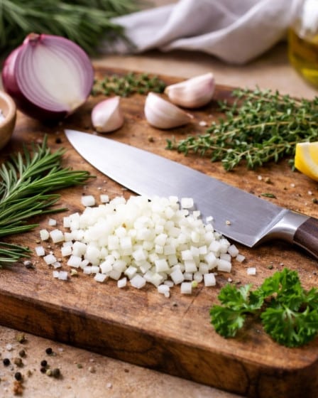 Grundlagen beim Kochen: Zutaten schneiden mit Messer auf Holzbrett