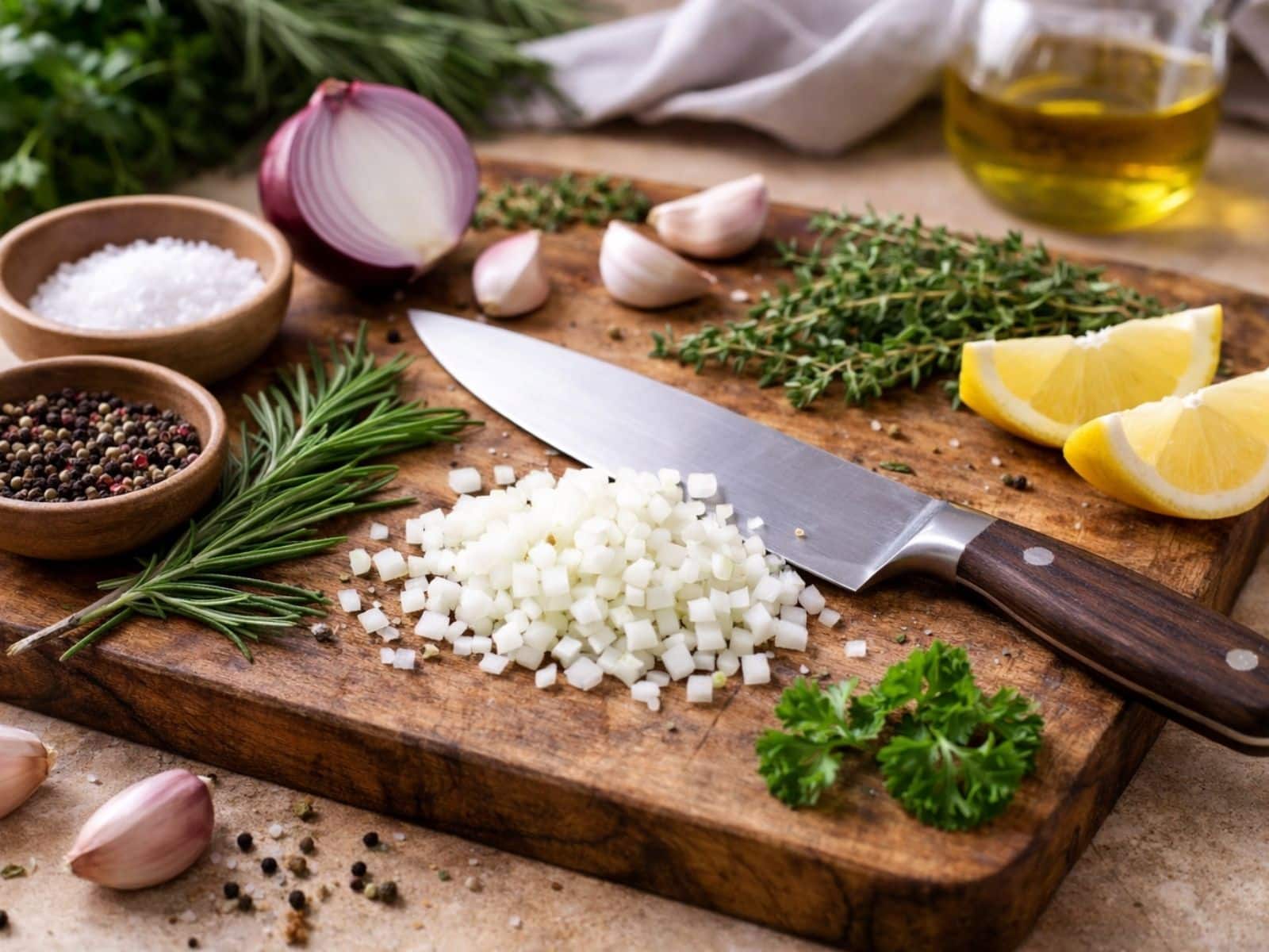 Grundlagen beim Kochen: Zutaten schneiden mit Messer auf Holzbrett