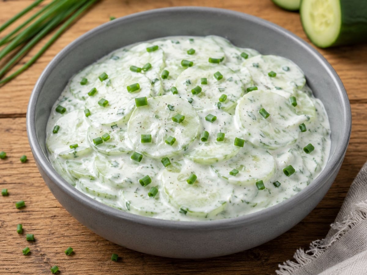 Gurkensalat mit cremigem Dressing in einer Schale
