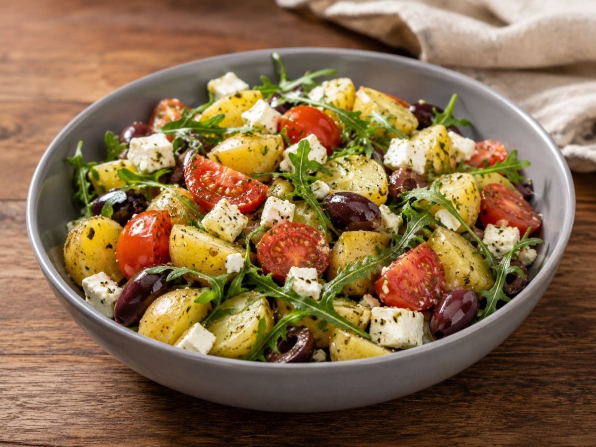 Mediterraner Kartoffelsalat ,it Tomate, Rucola, Feta und Zwiebeln in einer Schüssel auf einem Holztisch