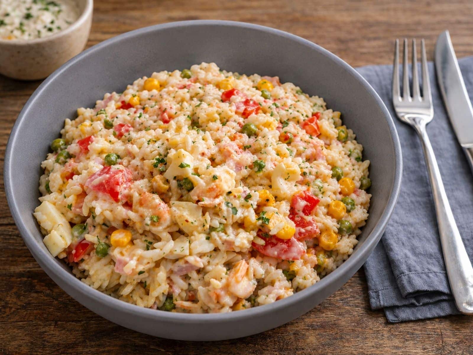 Reissalat einfach mit Paprika, Gurke und Joghurt-Dressing