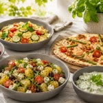 Schnelle Sommergerichte, Salate, Nudelgerichte und Flammkuchen auf einem Tisch