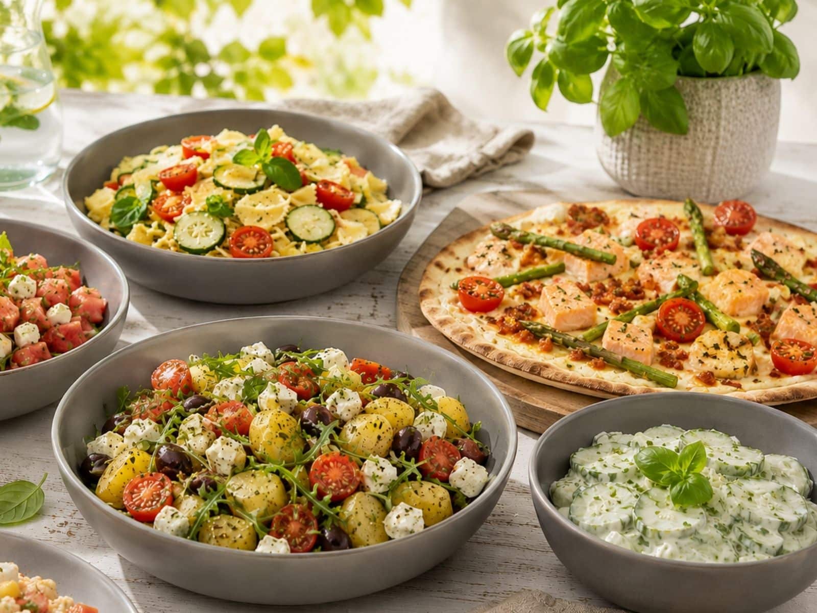 Schnelle Sommergerichte, Salate, Nudelgerichte und Flammkuchen auf einem Tisch
