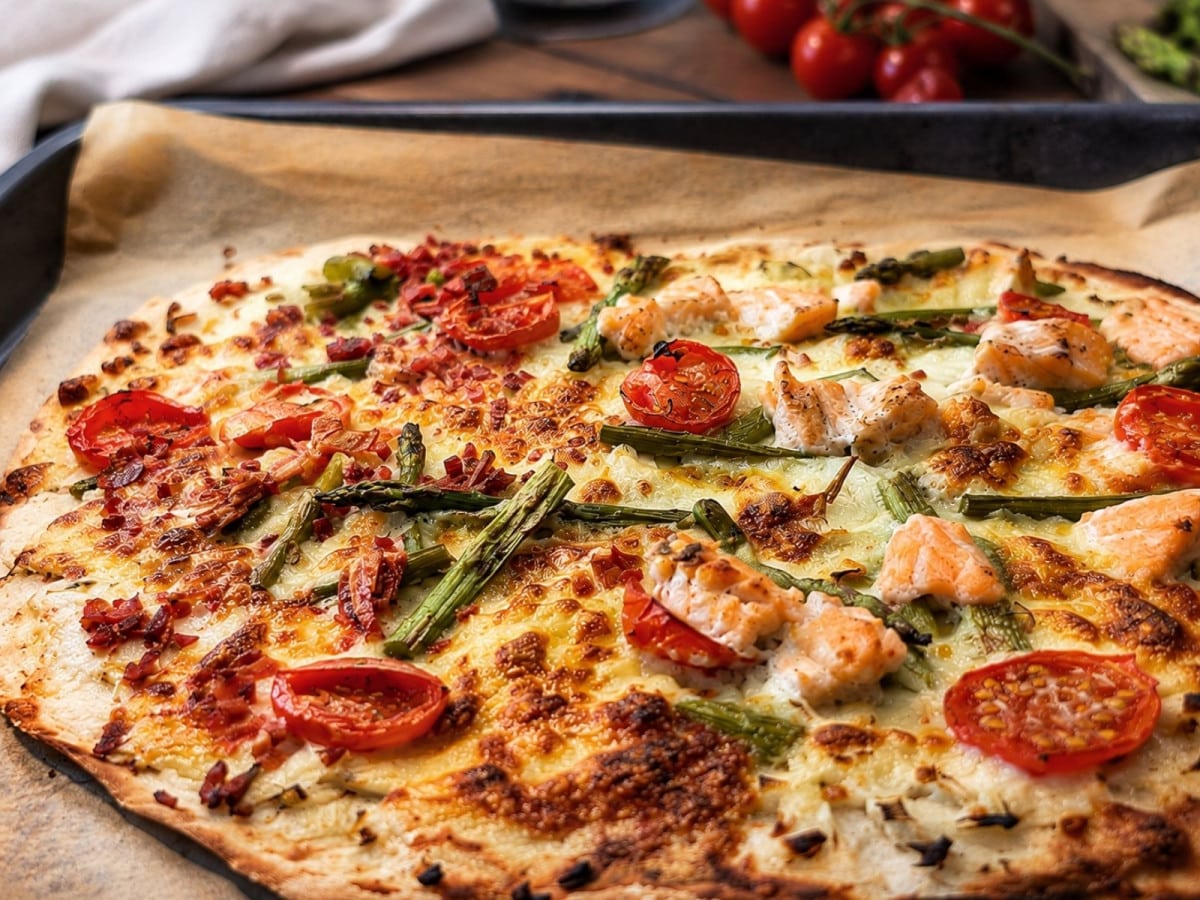 Spargelflammkuchen mit Lachs und Tomaten auf einem Ofenblech