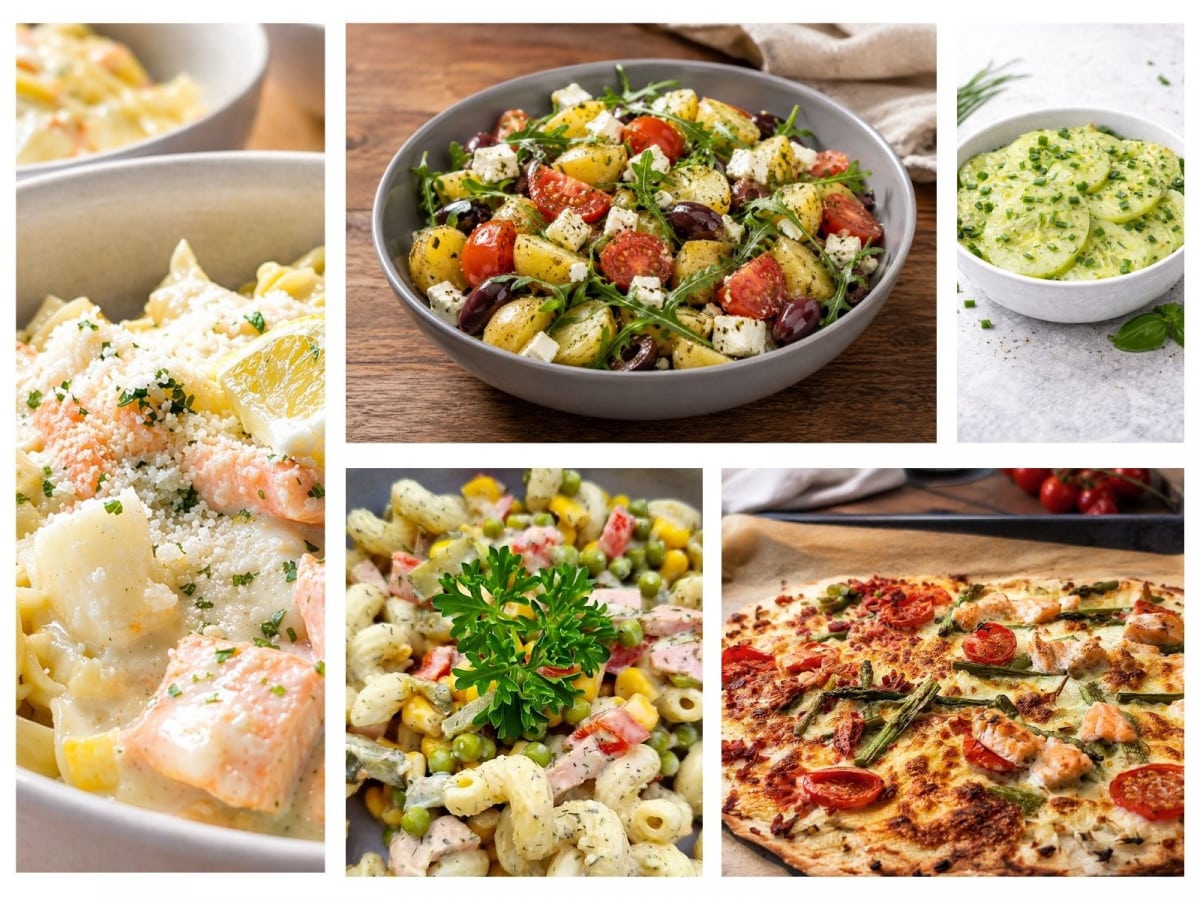 Was koche ich bei Hitze? Salat, Flammkuchen, Nudelsalat und Kartoffelsalat werden als Collage angezeigt