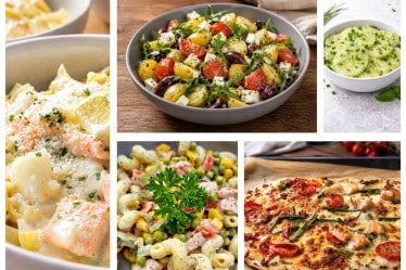 Was koche ich bei Hitze? Salat, Flammkuchen, Nudelsalat und Kartoffelsalat werden als Collage angezeigt