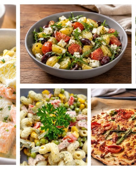 Was koche ich bei Hitze? Salat, Flammkuchen, Nudelsalat und Kartoffelsalat werden als Collage angezeigt