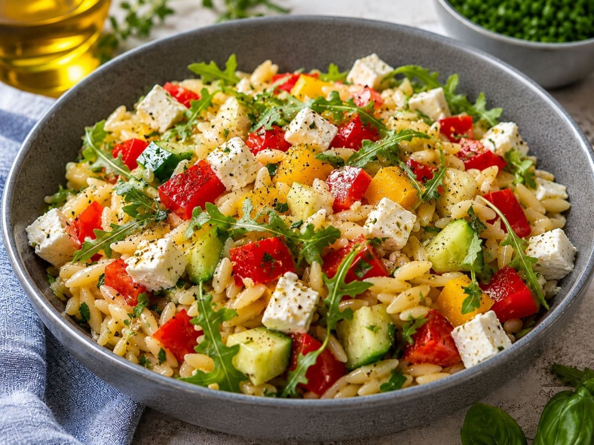 Mediterraner Nudelsalat mit Gurke und Paprika in einem Teller