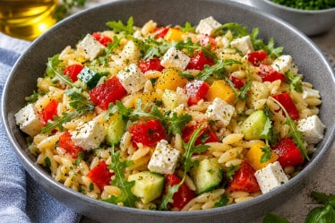 Mediterraner Nudelsalat mit Gurke und Paprika in einem Teller