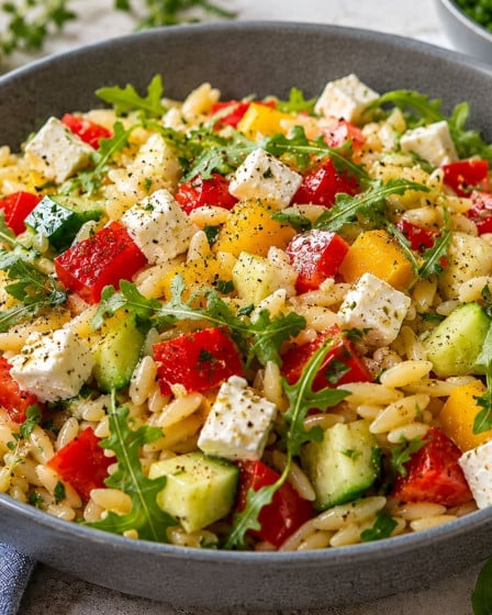 Mediterraner Nudelsalat mit Gurke und Paprika in einem Teller
