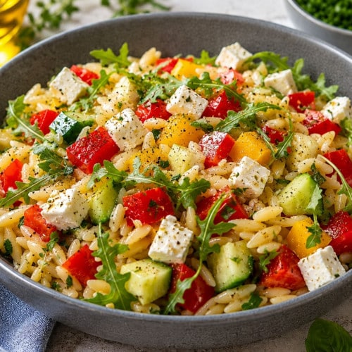 Mediterraner Nudelsalat mit Gurke und Paprika in einem Teller