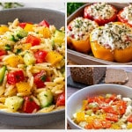 Verschiedene Paprikagerichte: mediterraner Nudelsalat, vegetarisch gefüllte Paprika, Paprika-Feta-Salat