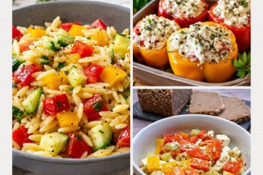 Verschiedene Paprikagerichte: mediterraner Nudelsalat, vegetarisch gefüllte Paprika, Paprika-Feta-Salat